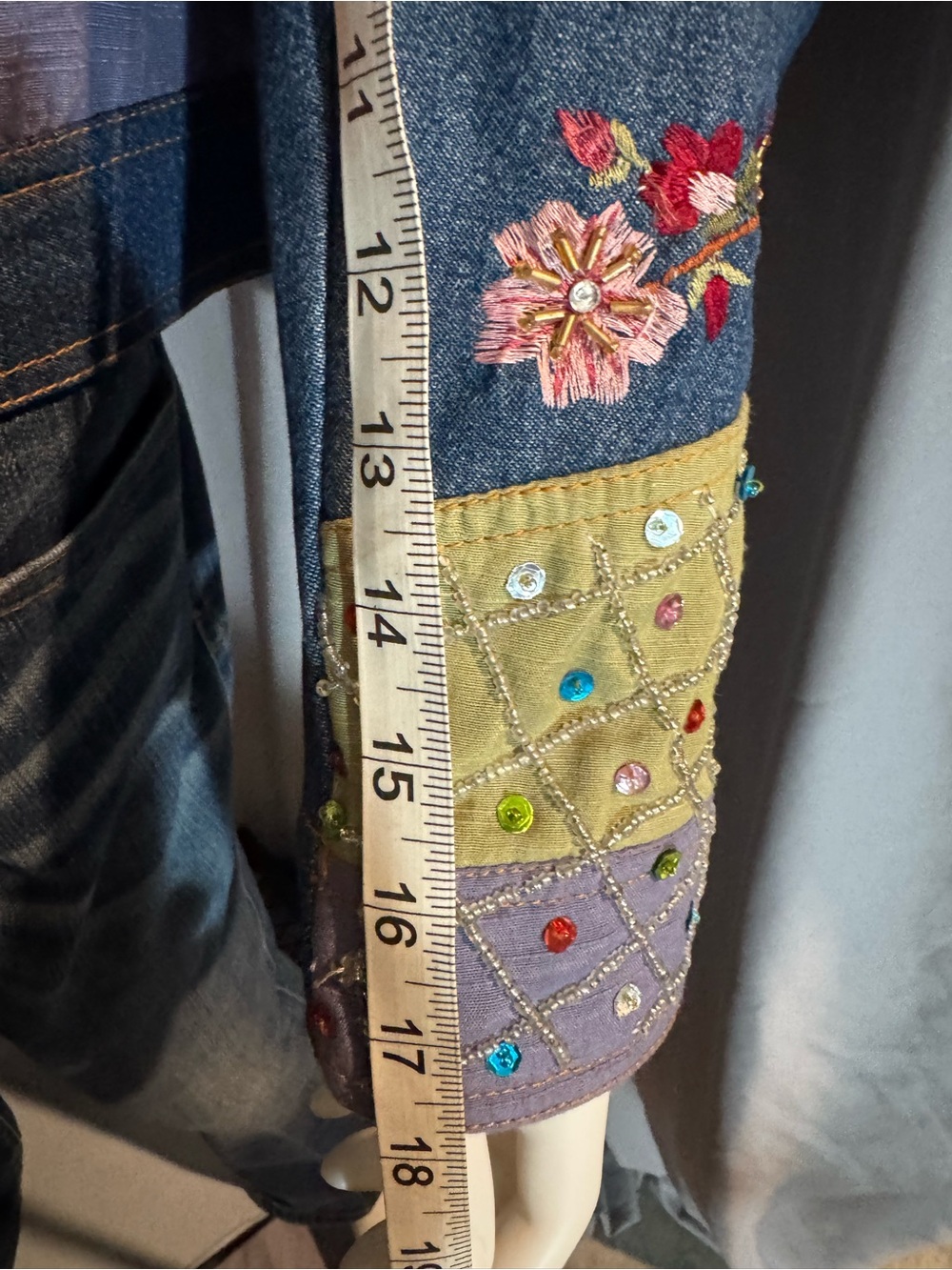 VTG Carrie Allen Patchwork Denim Jacket M Embellished Wearable Art Y2K Boho - Picture 10 of 15